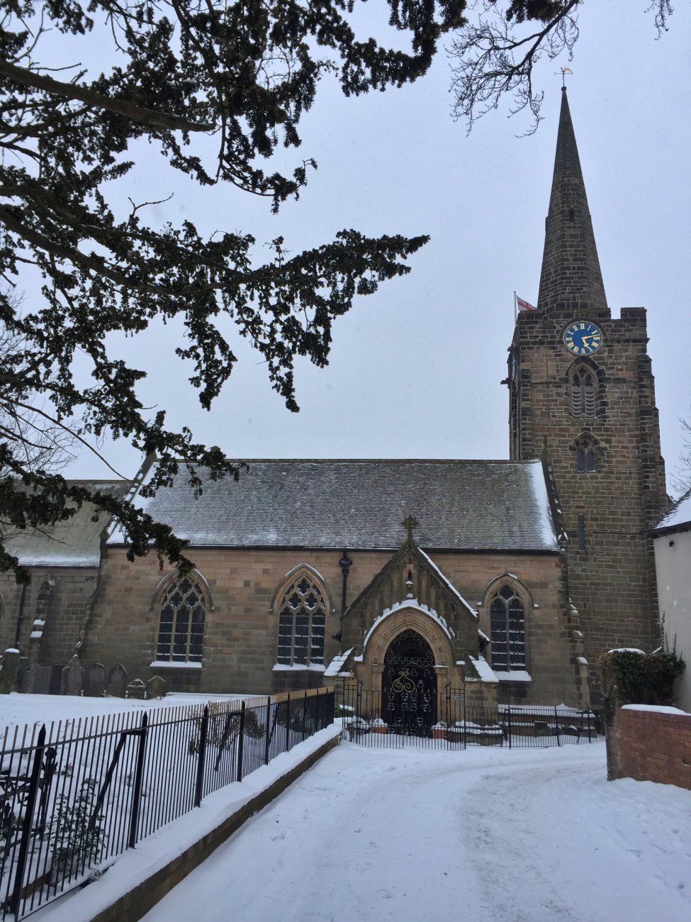 Photograph of St Werburgh's in the snow, 2018